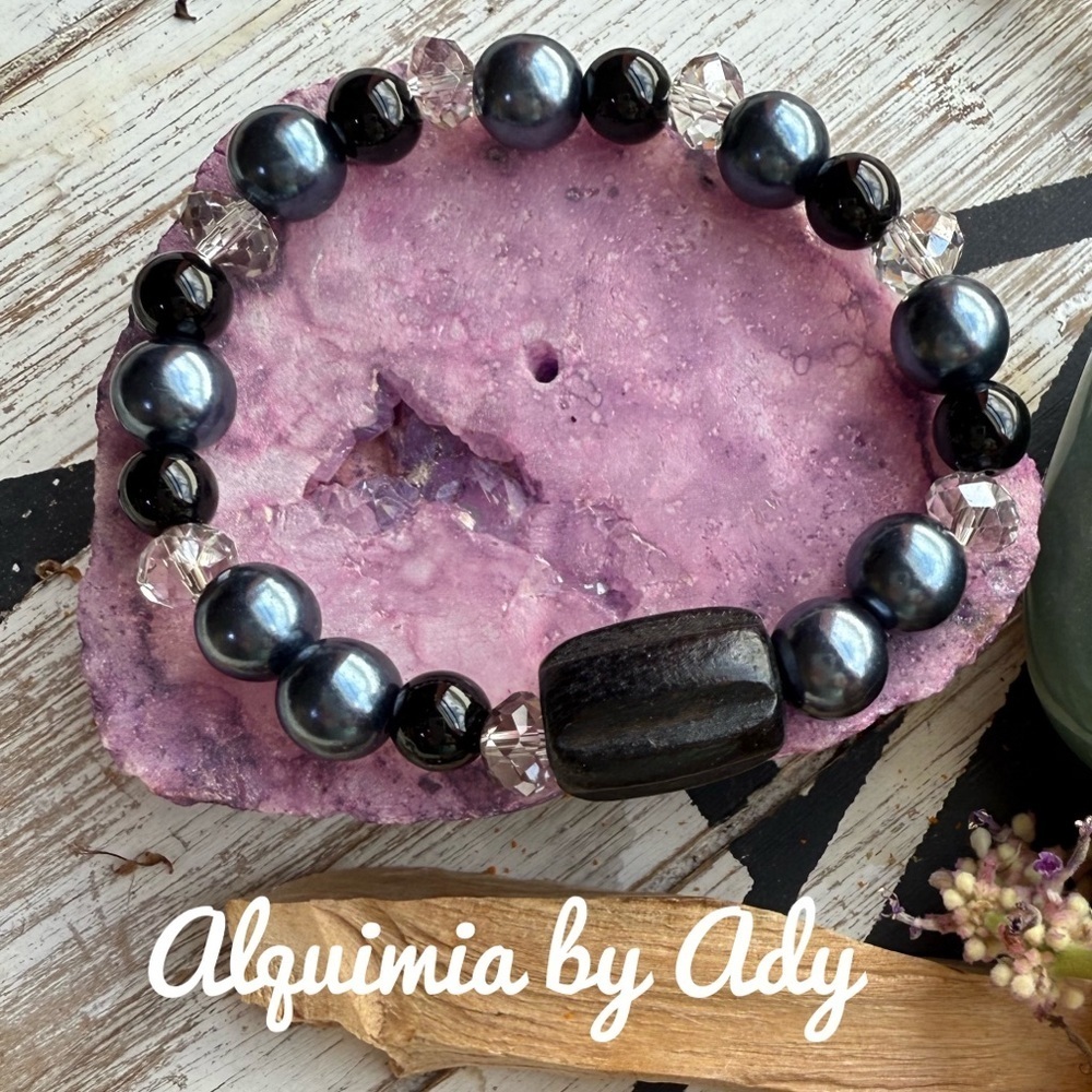 Black and Silver Beaded Bracelet with Hematite